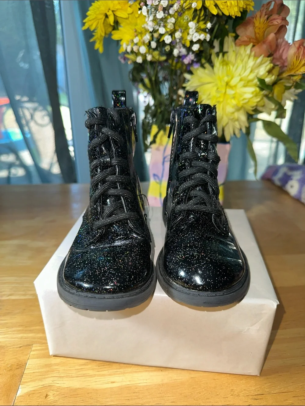 🤩Girls' Black Glitter Lace-Up Ankle Boots - Sparkle Finish. 🎁3
